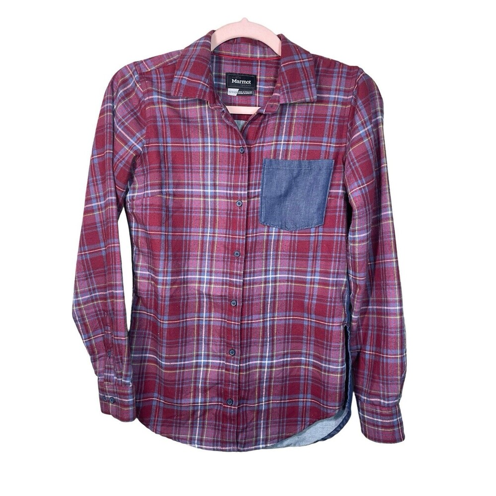 Marmot Women's Lakota Plaid Maroon Chambray Flannel Button Up Shirt Size XS‎